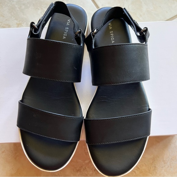 Sandales Plates Via Spiga PALLAS - Taille 6 M (US), Cuir Vachette Noir, Style Gladiator, Neuves Avec Boîte
